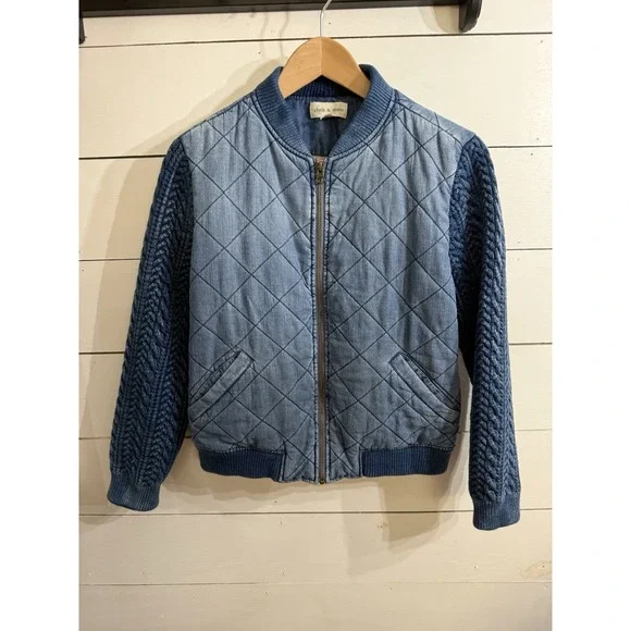 Anthropologie Cloth & Stone Bomber Jacket Small Denim Blue Chambray Zip Puffer - Picture 2 of 10